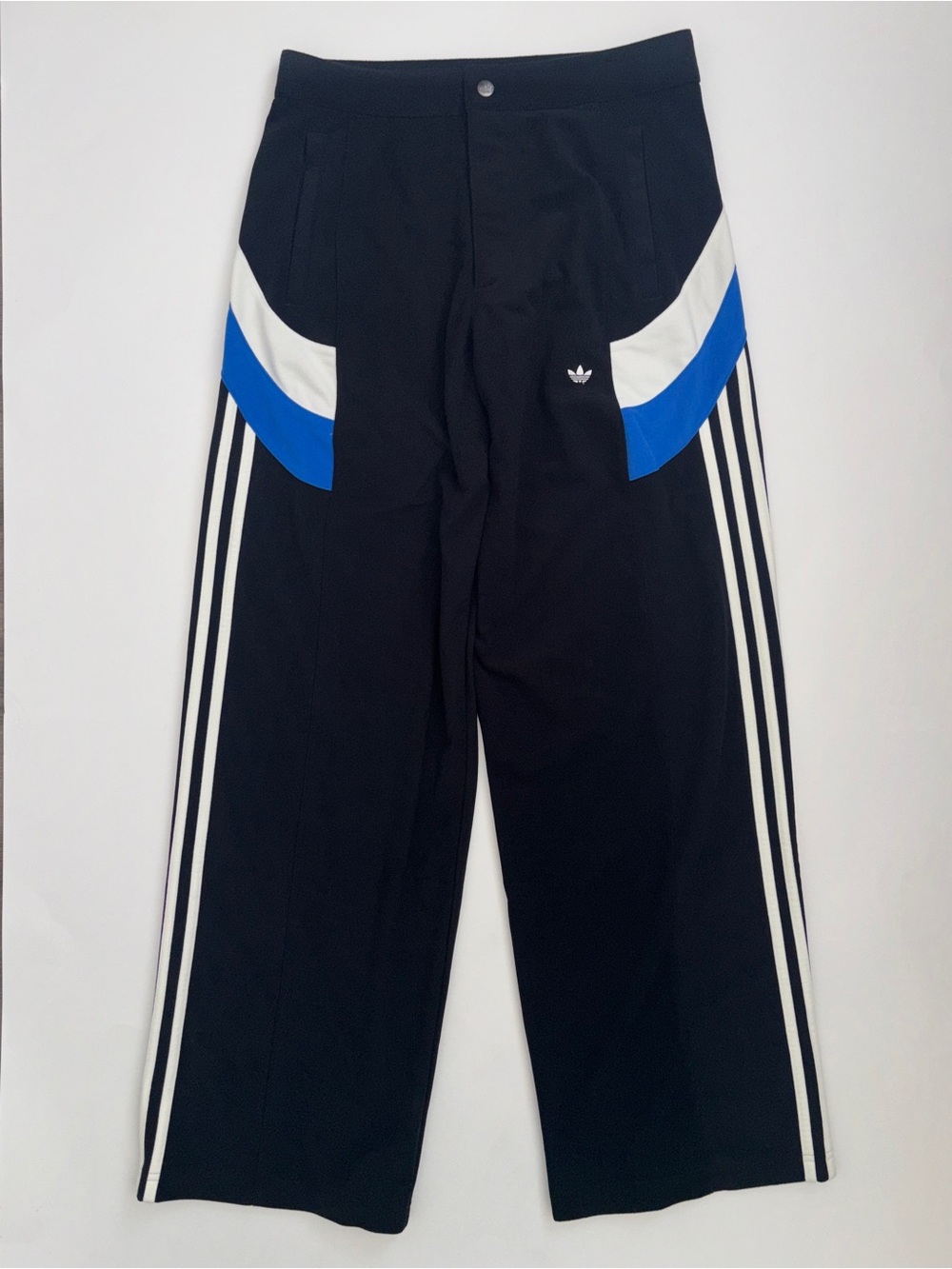NWT WOMEN’S ADIDAS ORIGINALS TRACK PANT BLACK WITH BLUE AND WHITE DETAILS Sz 0